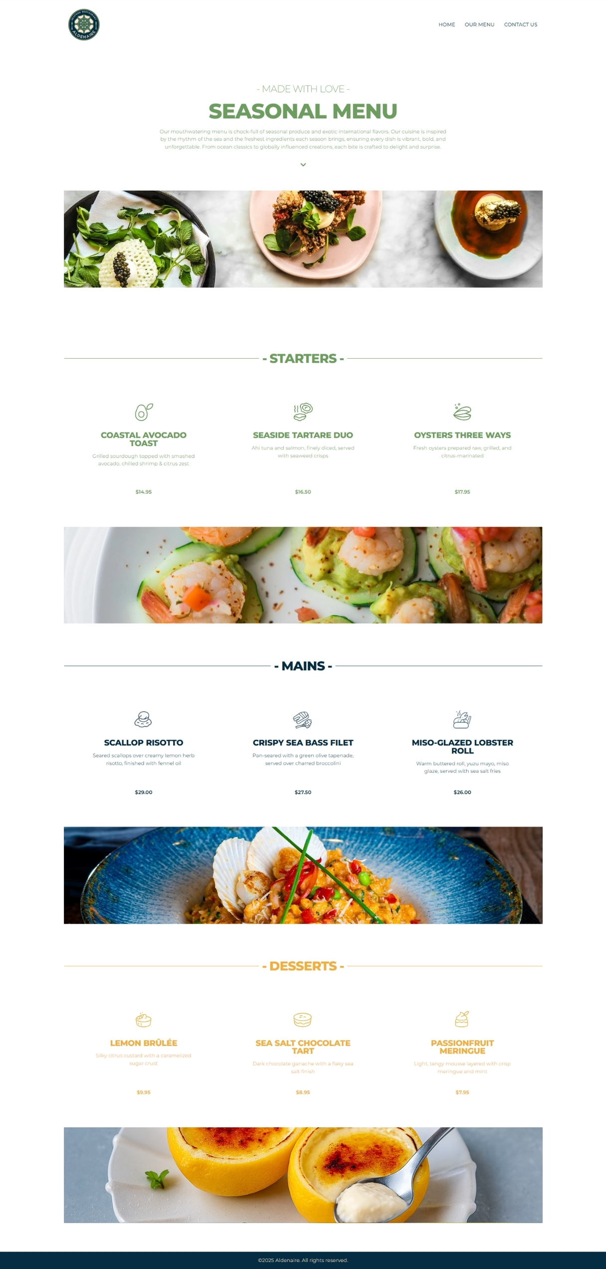 Aldenaire's menu page