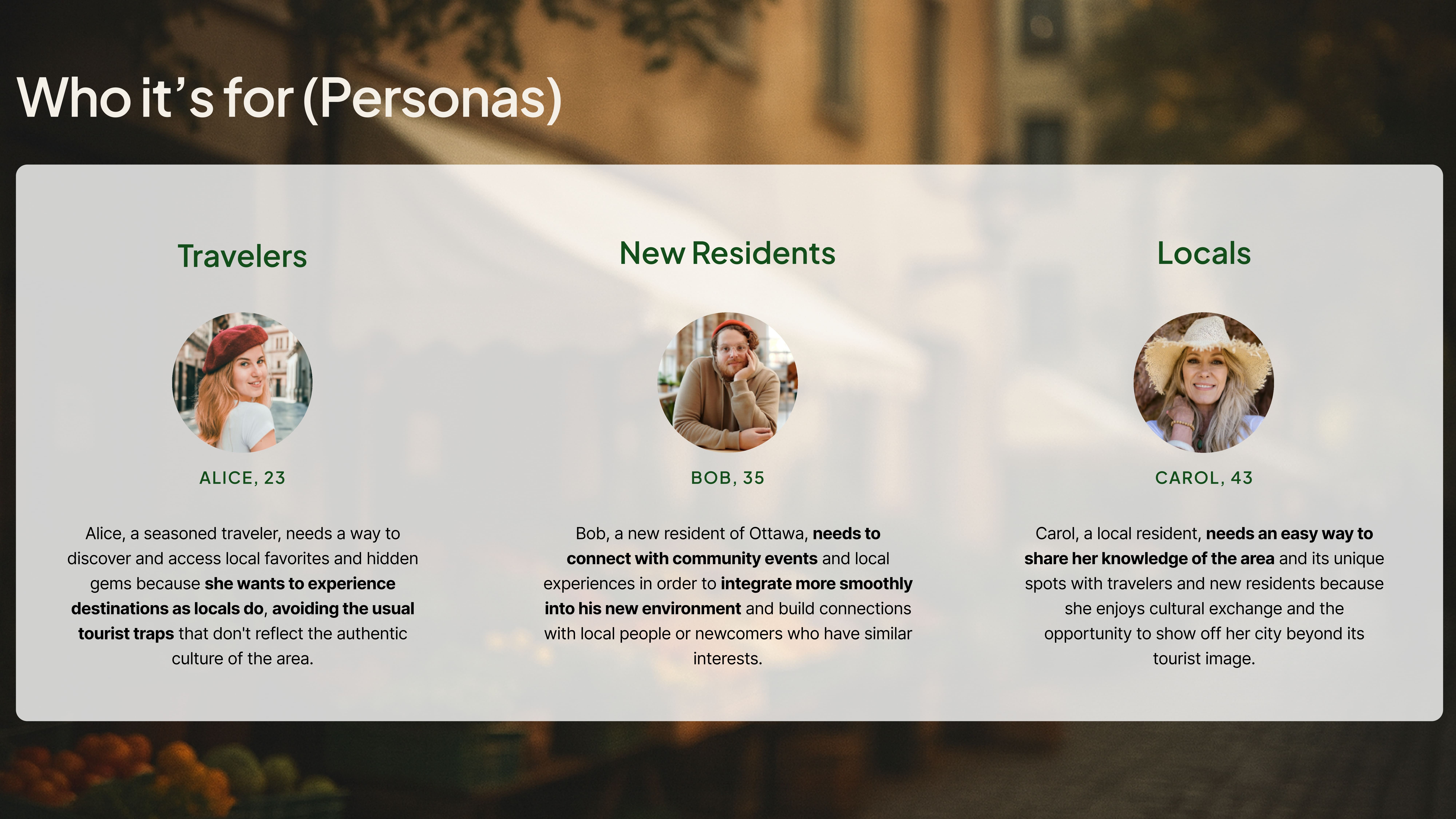 AuthentiCity three personas: travelers, new residents, locals