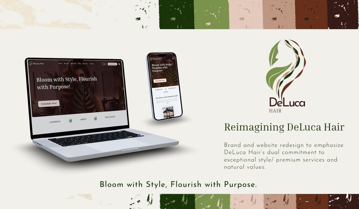 DeLuca logo: woman face using negative space - leaf and hair strings