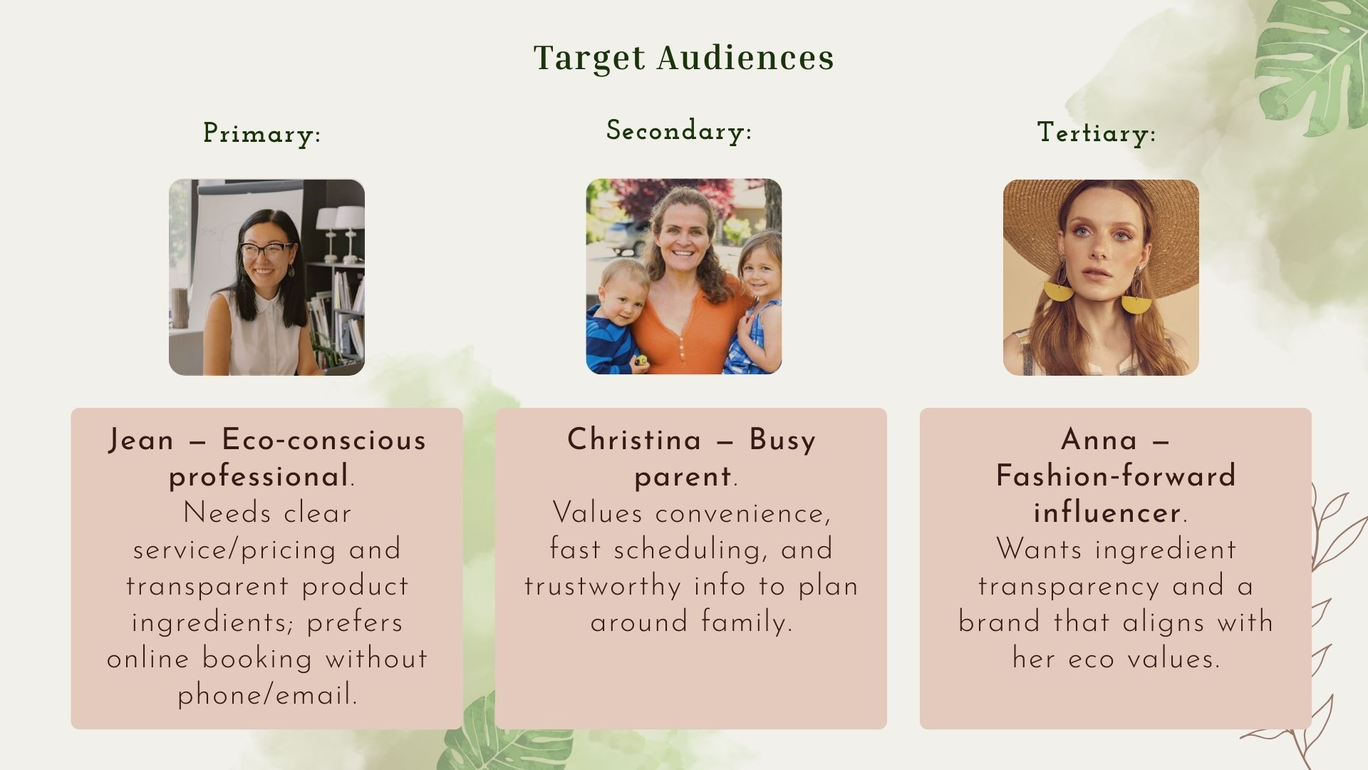 DeLuca three target audiences: eco-concious professional, busy parent, fashion-forward influencer